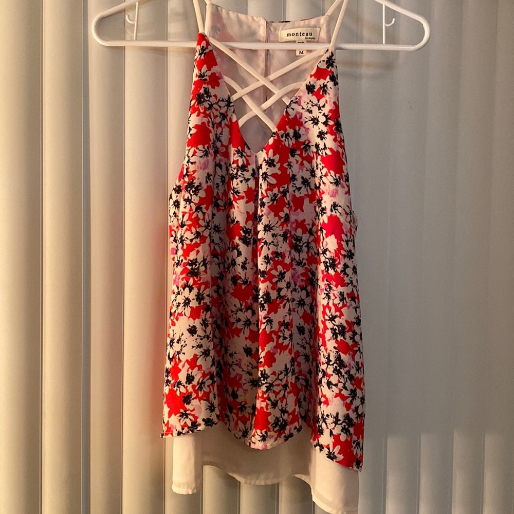 Darling floral women’s tank blouse. orange cream black and light pink size M